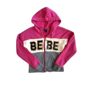 Bebe Girls Size 10/12 Full Zip Hoodie Pink Gray Colorblock Logo Sweatshirt